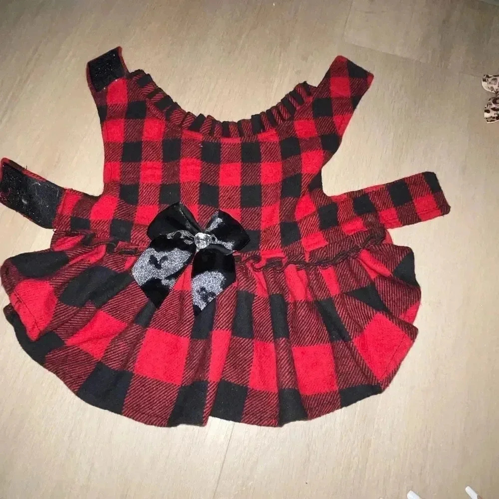 HOLIDAY DOG DRESS BUFFALO PLAID RUFFLE HEM W BIG BOW & GEMSTONE FOR SMALL DOG - Picture 3 of 12